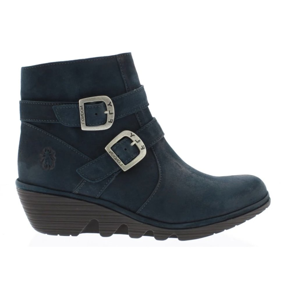 FLY LONDON Perz Suede Leather Ankle Wedge Buckle Boots Dark Petrol Size US 7.5/8